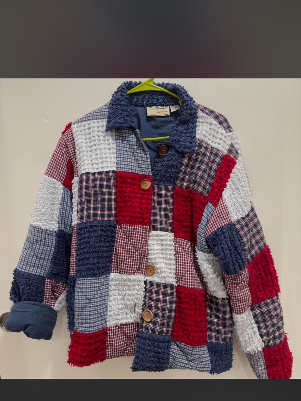 Patchwork Button-Up Jacket in Red, Navy & White